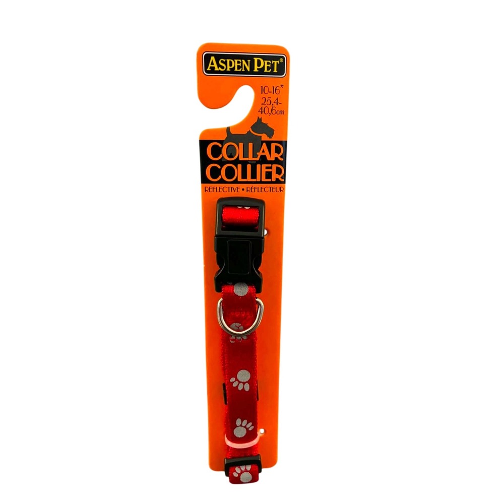 Aspen Pet Dog Collar S/M Red Reflective Paw Print Adjustable 10-16in‎ 28222